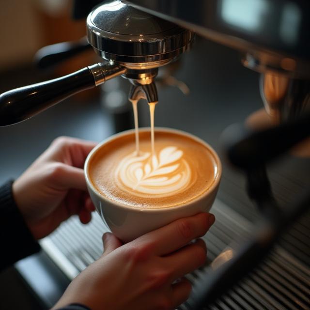 Barista esperto che versa il latte per creare arte nel cappuccino