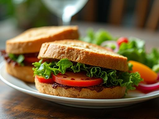 Panino gourmet con ingredienti freschi, affiancato da un'insalata leggera