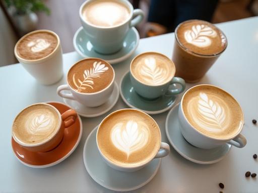 Varie tazze di caffè artigianale e latte art su un bancone